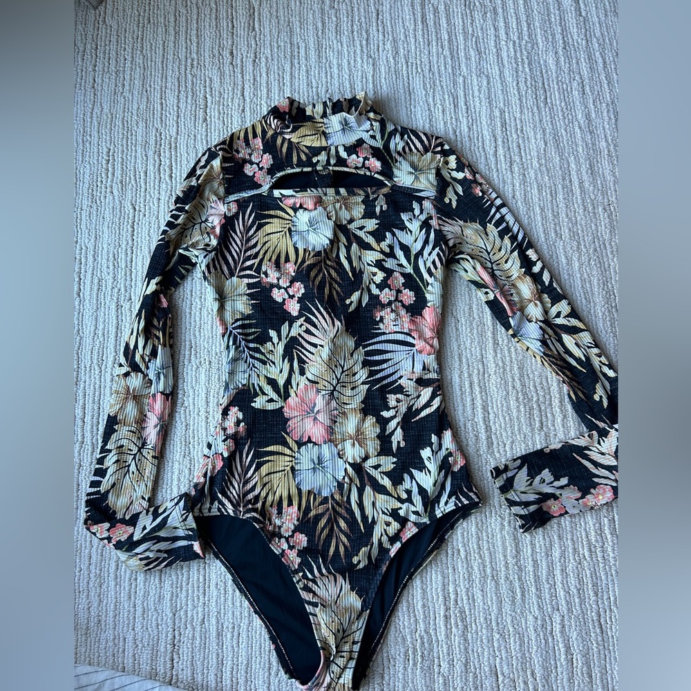 Rip Curl Long Sleeve One Piece- Black Rib Floral